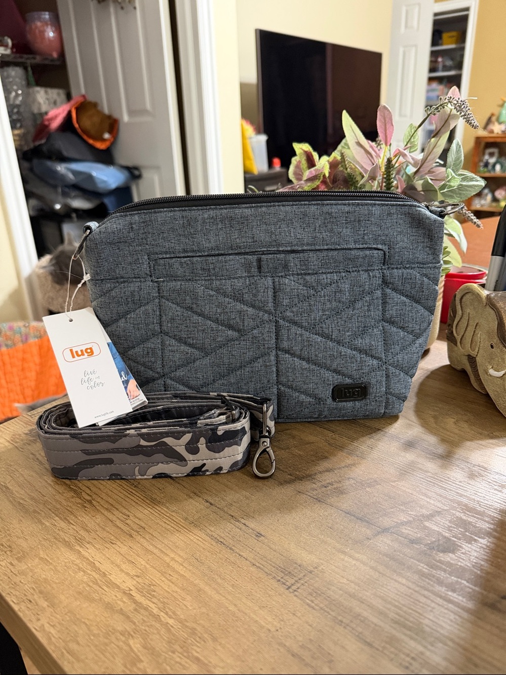 Lug Flare Crossbody Bag HEATHER GREY/CAMO MIDNIGHT STRAP - NWT